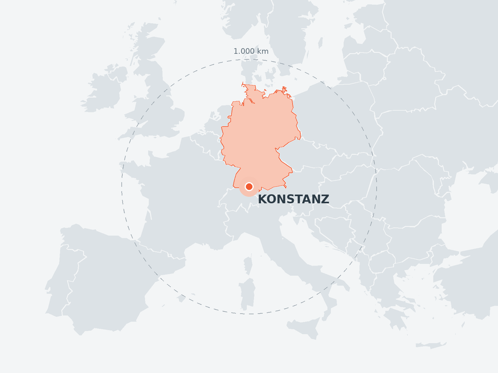 Europakarte mit hervorgehobenem Deutschland. Konstanz liegt nahe der Mitte Europas.